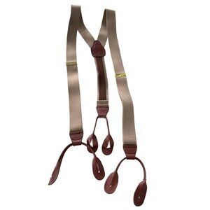 Elastic Adjustable Suspenders One Size Leather Loop Brass Adjusters Beige Brown